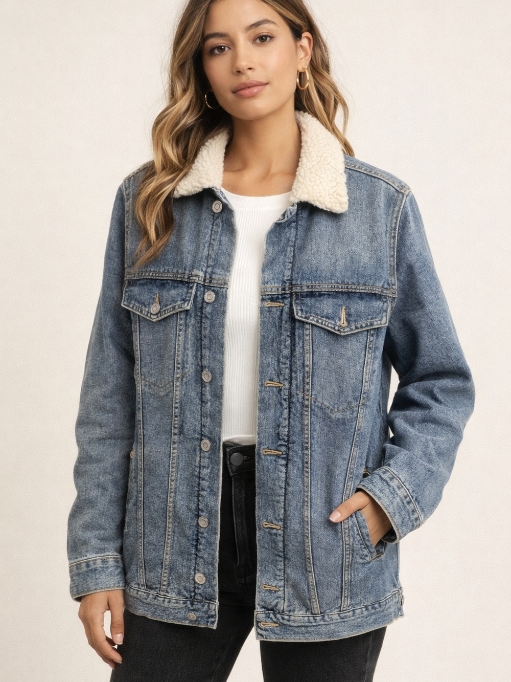 H&M Sherpa Lined Denim Jacket Shacket Cozy Oversized Blue Jean Coat